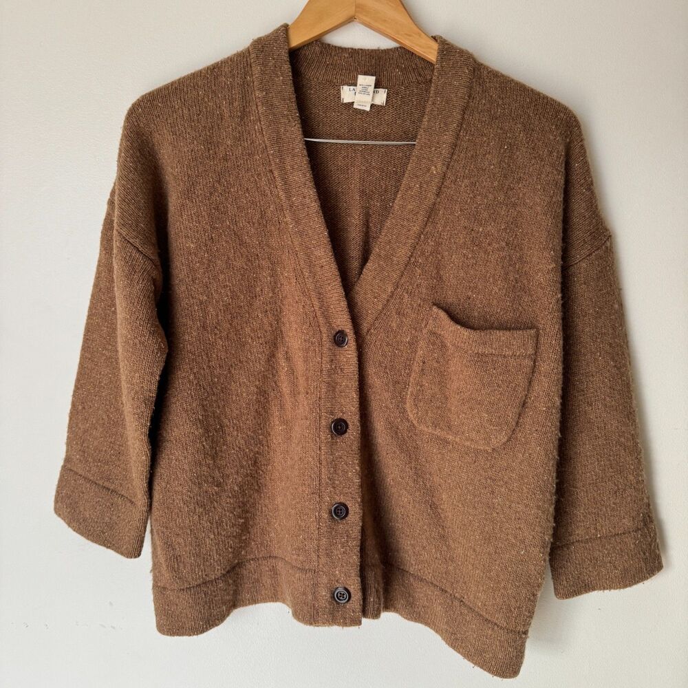 Lands' End Canvas Lambswool Boyfriend Cardigan Small Camel Brown Boxy Knit